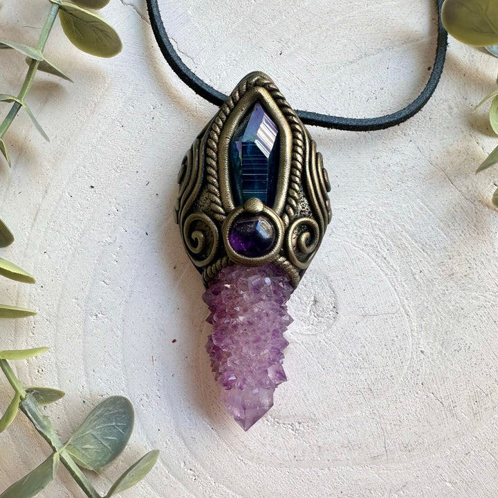 Deep Purple Spirit Quartz crystal wand pendant necklace handcrafted with Aqua Aura Quartz and Amethyst.