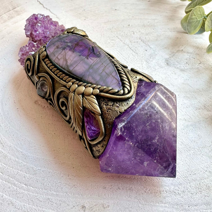 Unique handmade crystal wand featuring Spirit Quartz with rich purple natural gemstones.