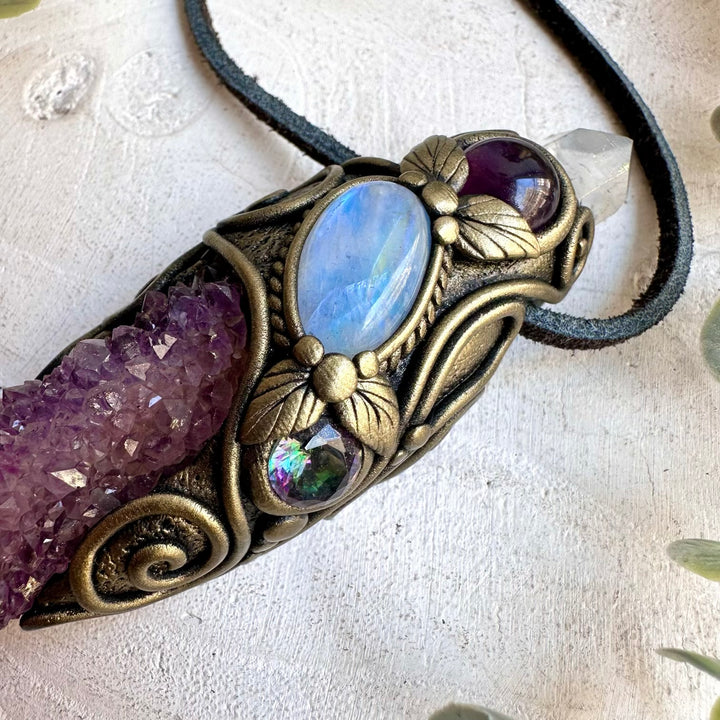 Long Spirit Quartz with Lemurian Seed Quartz, Rainbow Moonstone, Amethyst and Mystic Topaz wand pendant necklace handcrafted with natural crystals.