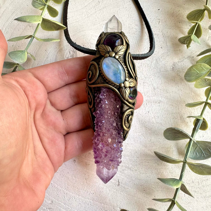 Handmade spiritual jewelry combining Spirit Quartz with Rainbow Moonstone, Amethyst and Mystic Topaz.
