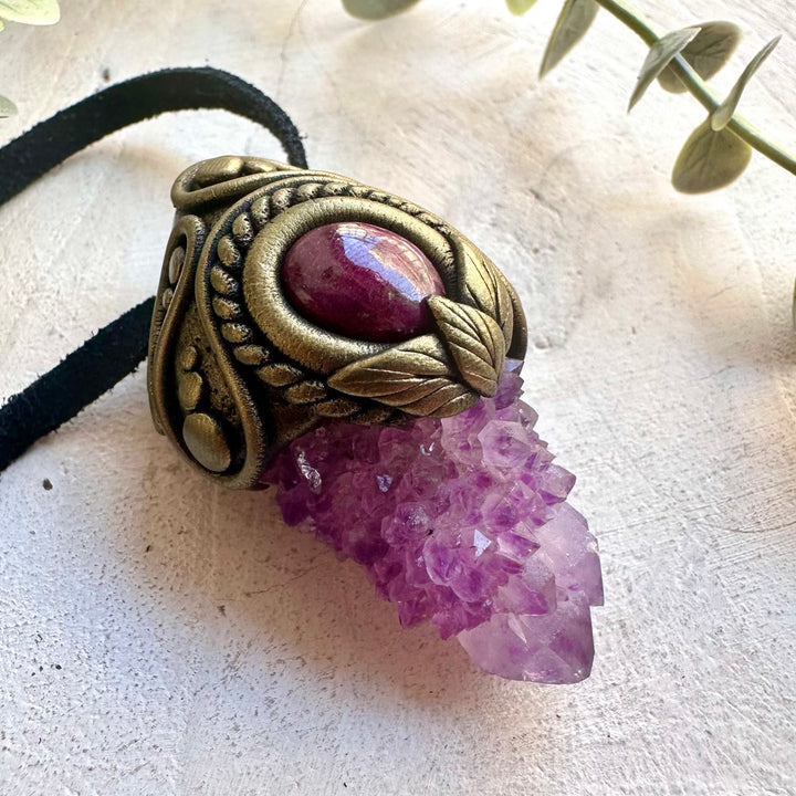 Spiritual crystal pendant designed with Spirit Quartz and Ruby for meditation and mindfulness.