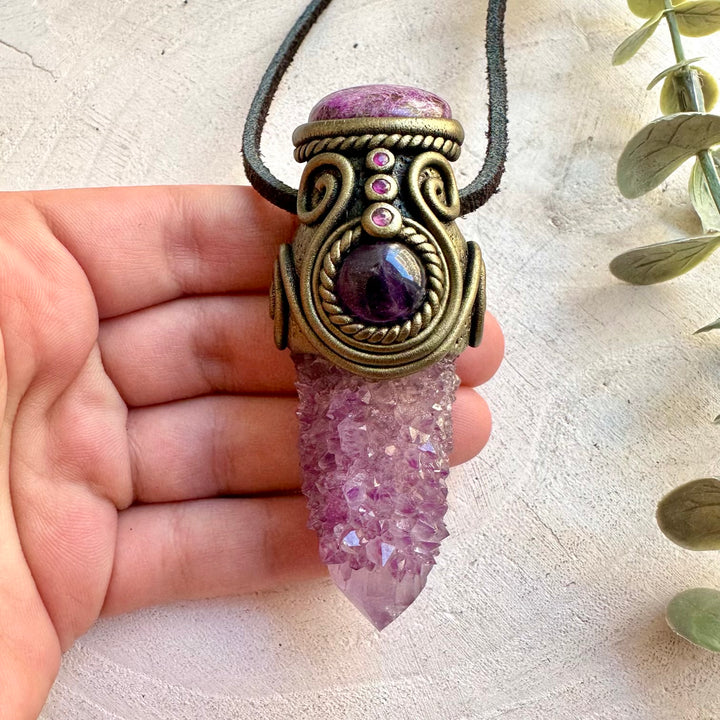 Handmade deep purple Spirit Quartz healing crystal pendant necklace featuring Stichtite, Amethyst and Ruby.