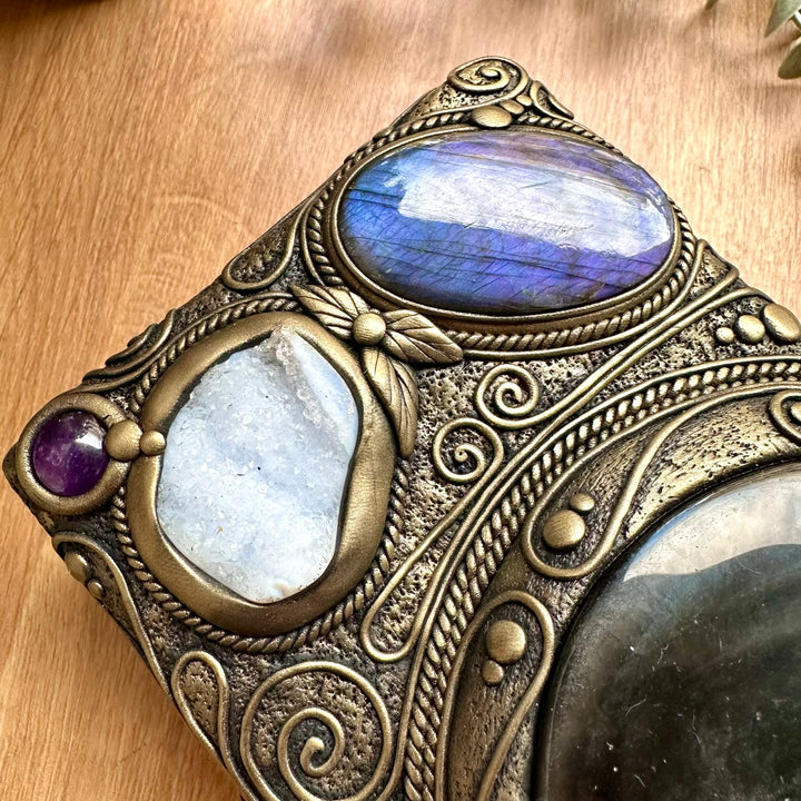 Spiritual crystal wooden box with rainbow moonstone amethyst and tanzanite