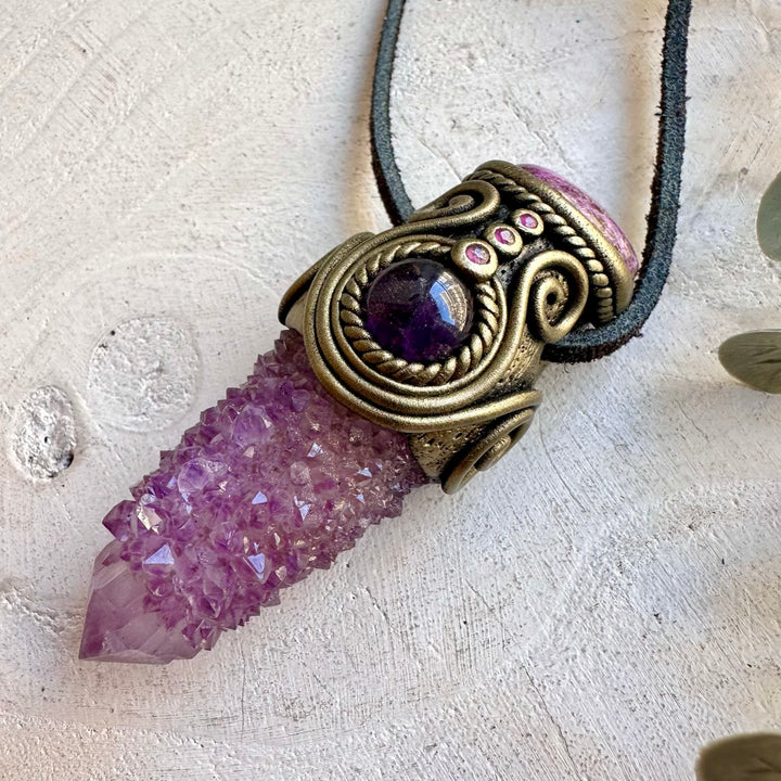Handmade crystal jewelry with Spirit Quartz, Stichtite and vibrant Ruby gemstone accents.