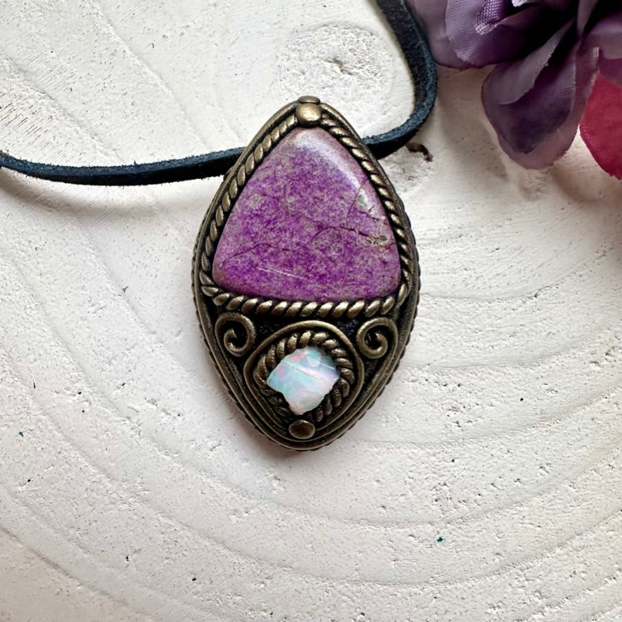 Handmade Stichtite crystal and raw Ethiopian Opal pendant necklace, spiritual healing talisman jewelry.