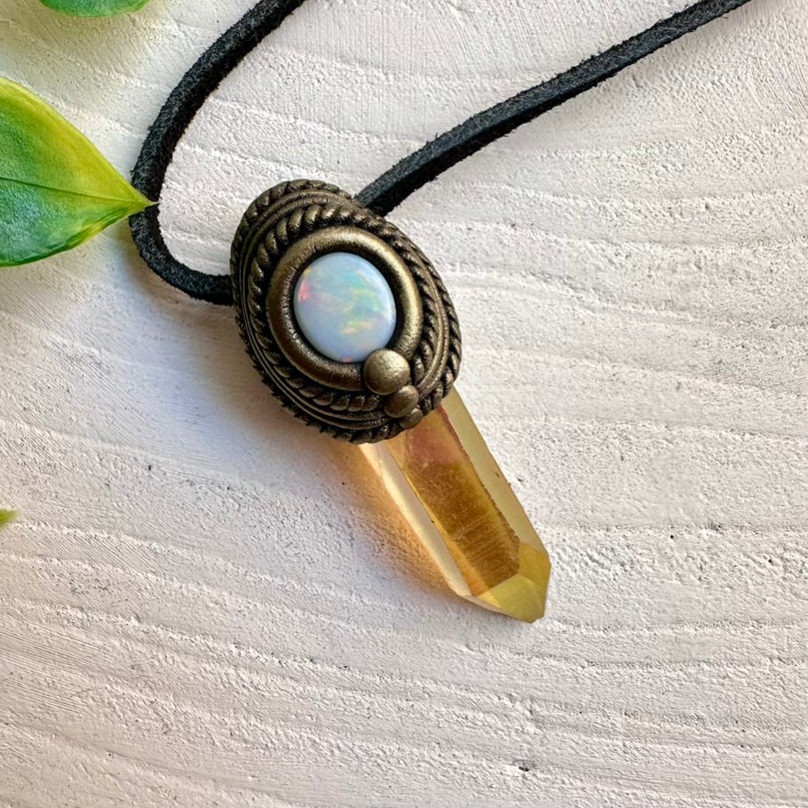 Natural gemstone pendant with Sunset Aura Quartz and Australian Opal