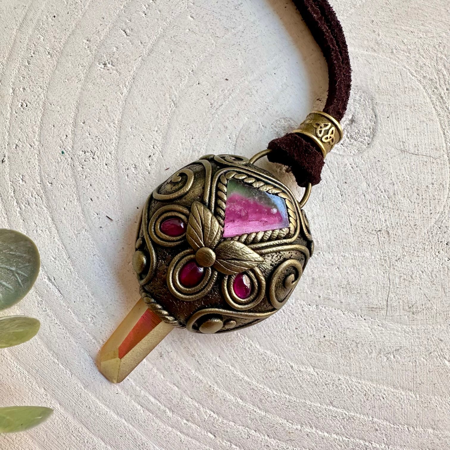 Unique gemstone jewelry with glowing Aura Quartz and naturally colorful Watermelon Tourmaline.
