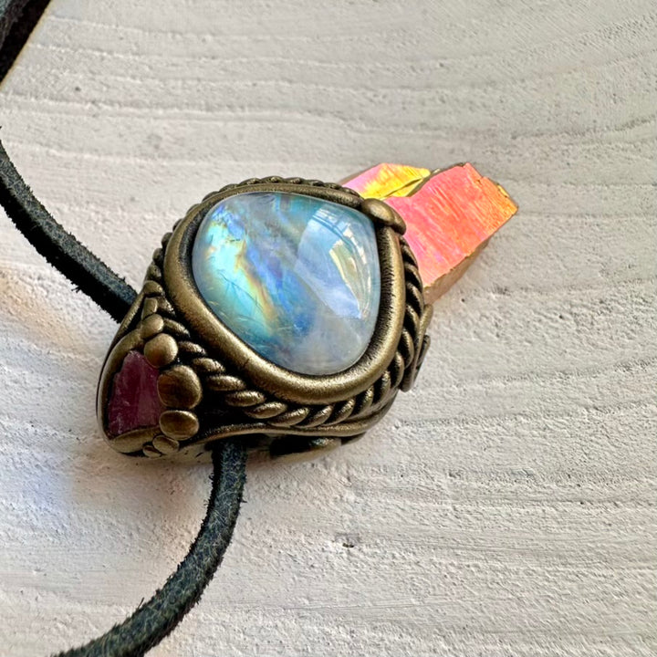 Boho gemstone necklace featuring Sunset Aura Quartz and Rainbow Moonstone