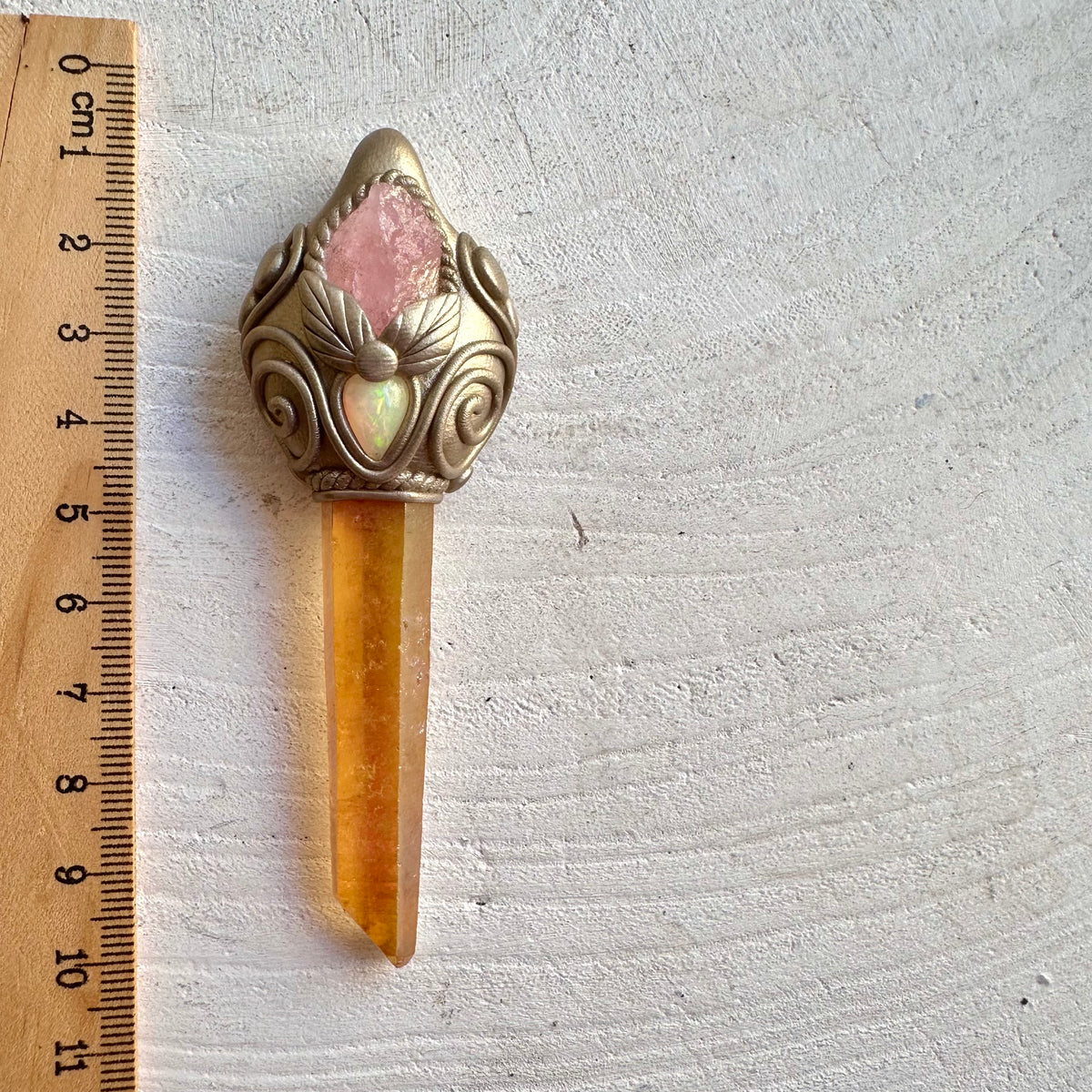 Handmade pendant necklace featuring Sunset Aura Quartz, Raw Morganite and Ethiopian Opal gemstones.