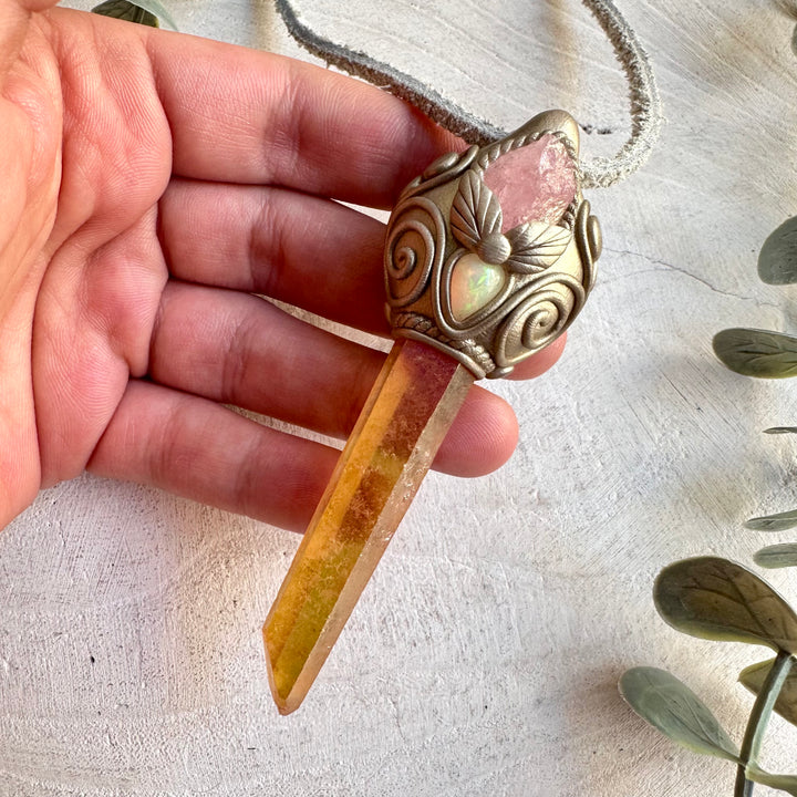Sunset Aura Quartz with Raw Morganite and Ethiopian Opal pendant necklace, handcrafted as unique healing crystal gemstone jewelry.