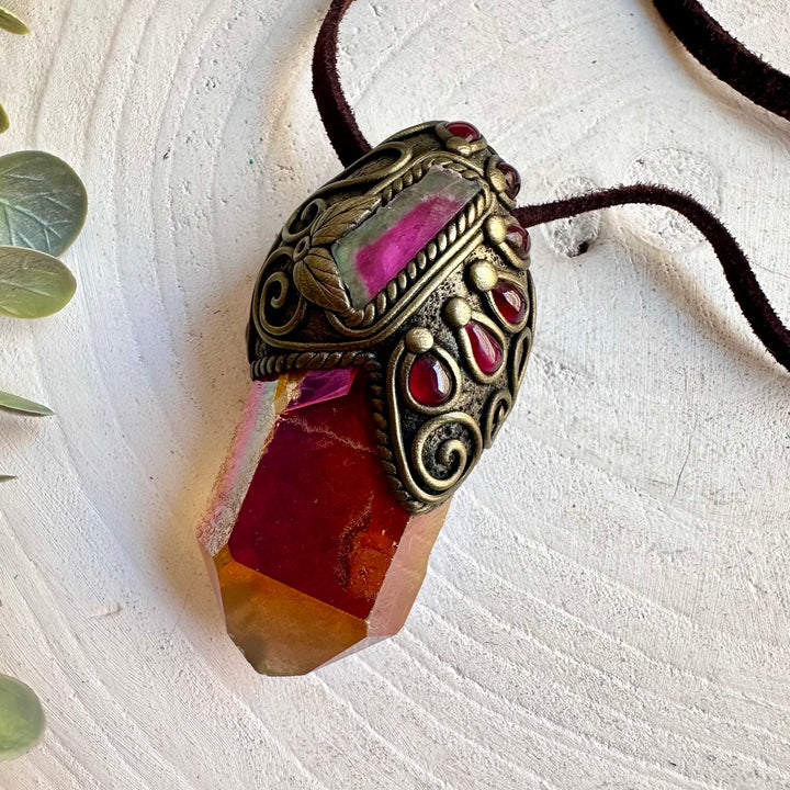 Natural gemstone necklace showcasing Sunset Aura Quartz with Watermelon Tourmaline and Rhodolite Garnet.