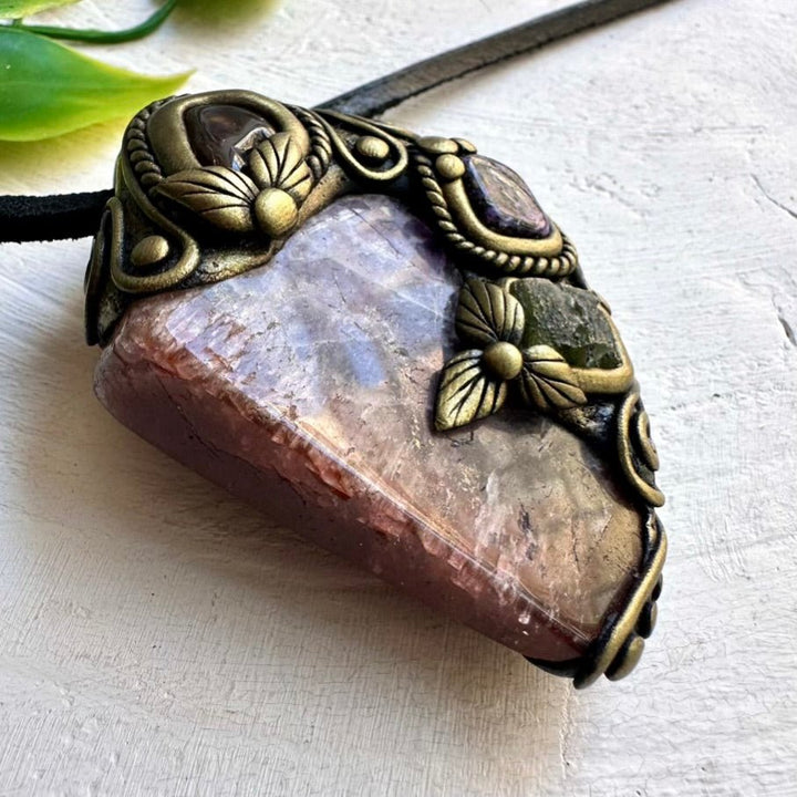 Super Seven Quartz, Moldavite, Charoite and Fire Agate Wearable Wand / Healing Crystal Pendant - FairyGardenGlow