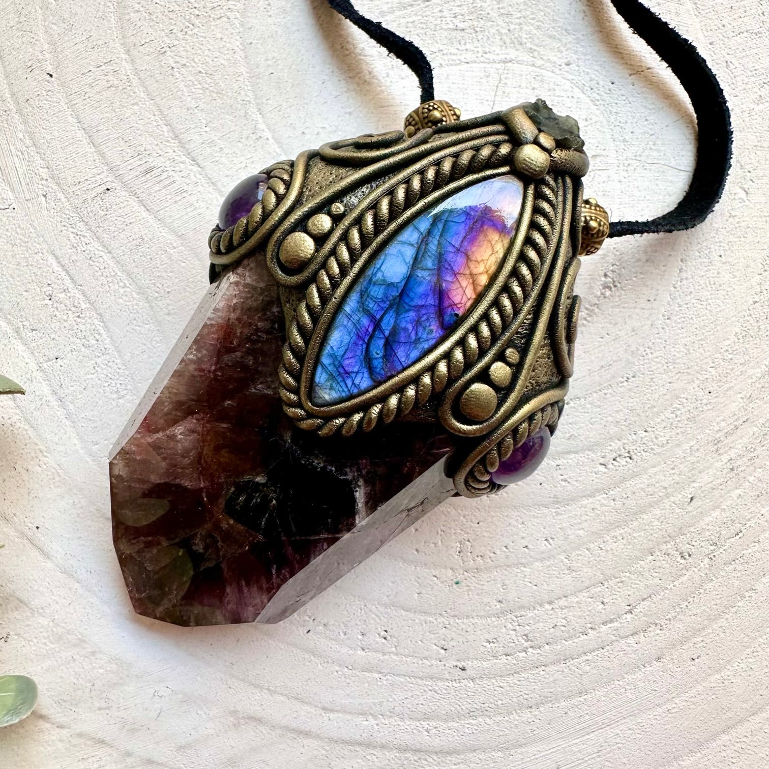 Handmade gemstone pendant with Super Seven Quartz, Amethyst and Labradorite in mystic design.
