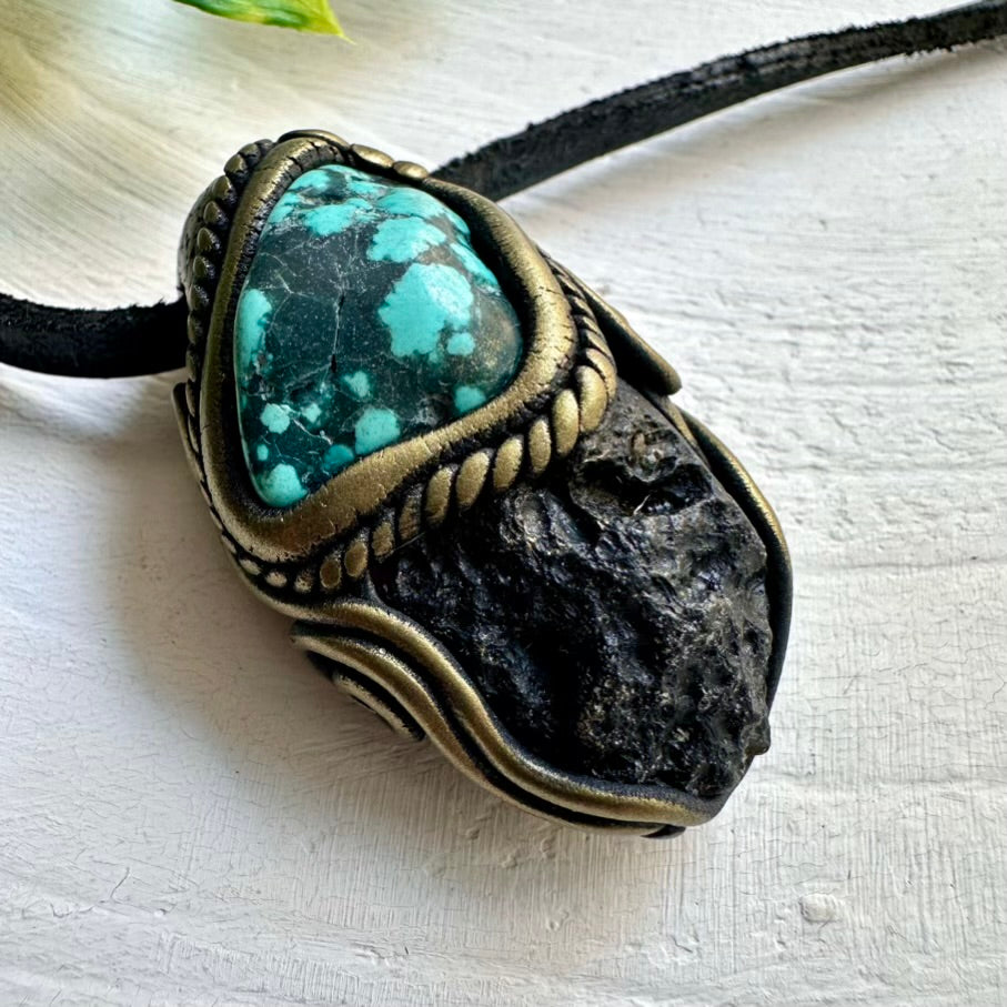 Handmade Necklace with Black Tektite and Turquoise – Healing Crystal Jewelry for Strength and Serenity