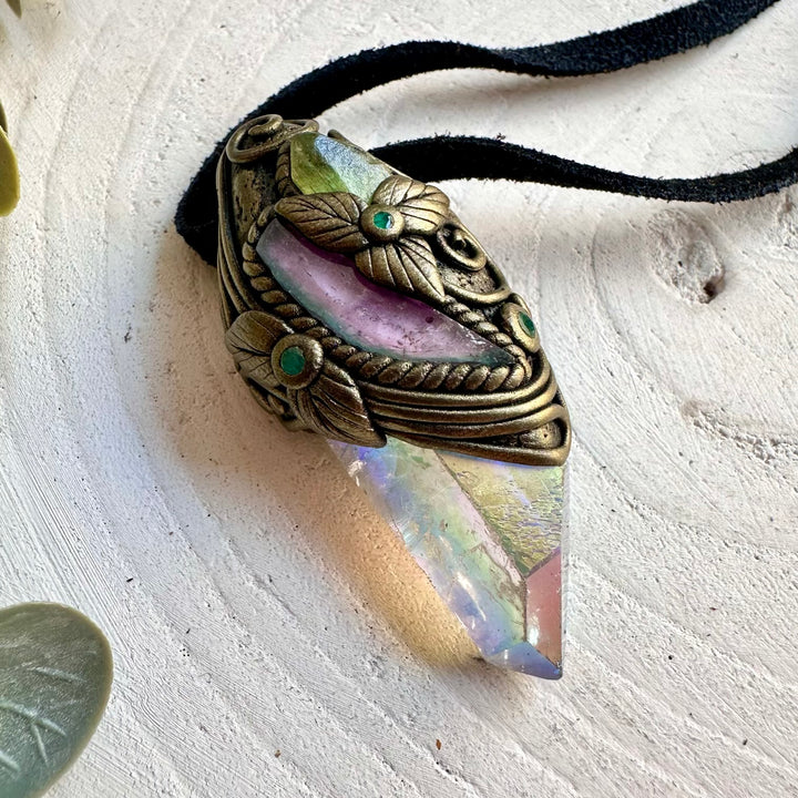 Spiritual crystal jewelry handcrafted with Angel Aura Quartz, Watermelon Tourmaline and Emerald.
