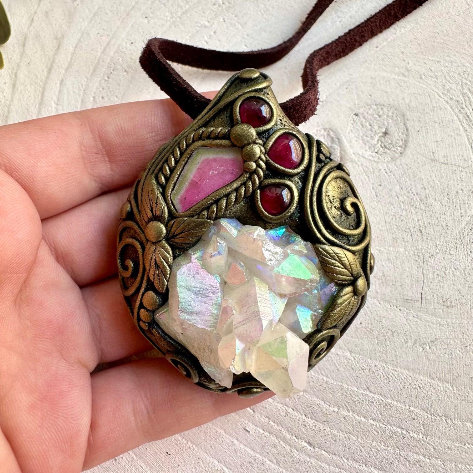 One of a kind gemstone jewelry combining Angel Aura Quartz with natural Tourmaline and Garnet.