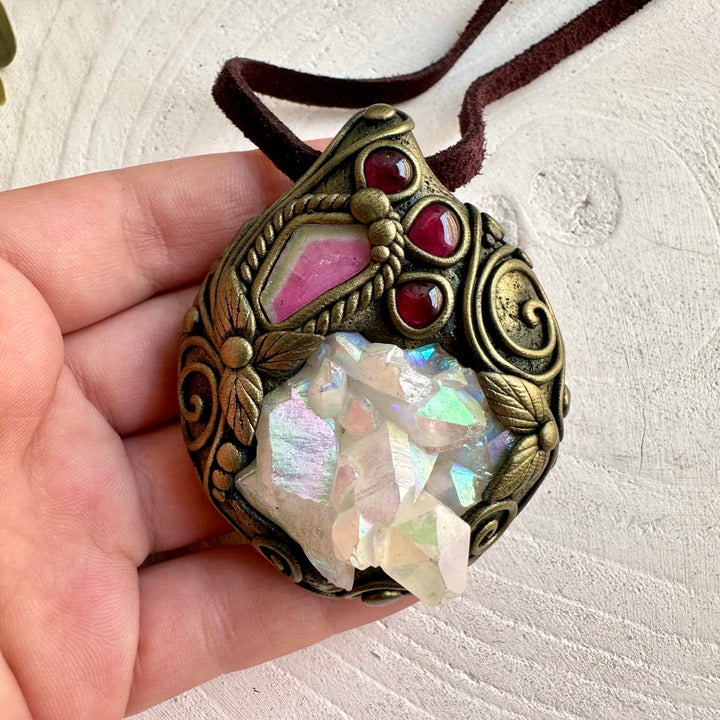 One of a kind gemstone jewelry combining Angel Aura Quartz with natural Tourmaline and Garnet.