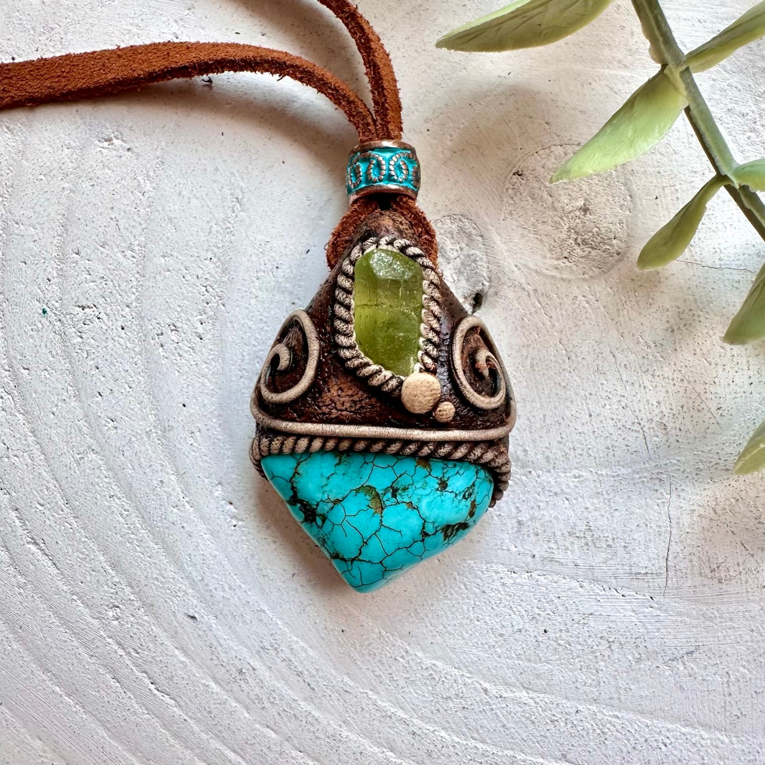 Turquoise and Raw Peridot crystal talisman necklace handcrafted boho gemstone jewelry