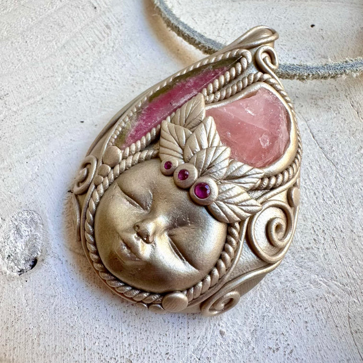 Raw Rose Quartz goddess necklace with Watermelon Tourmaline and Ruby handmade with natural gemstones