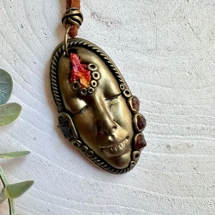 One of a kind Goddess pendant necklace with bright red Vanadinite, green Moldavite and Hessonite Garnet.