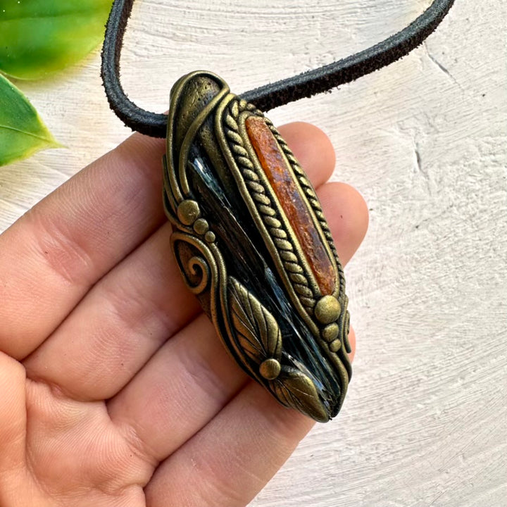 Vivianite and Orange Kyanite Crystal Pendant – Handmade Healing Stone Jewelry