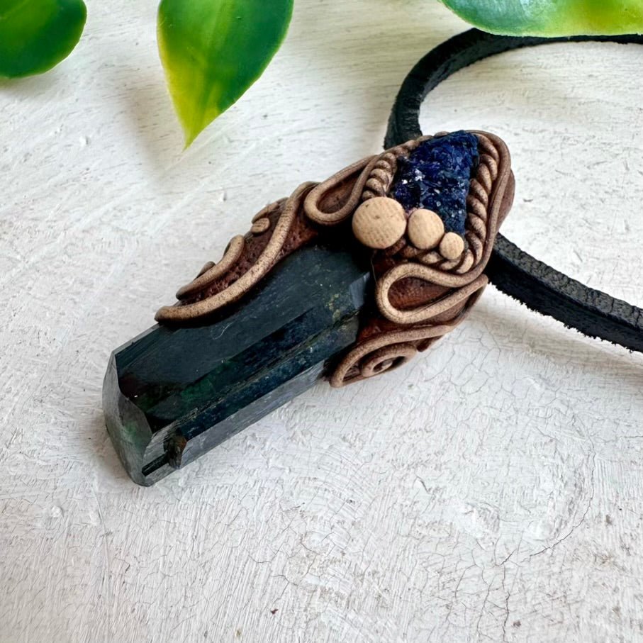 Vivianite and Azurite Necklace, Unisex Handmade Pendant - FairyGardenGlow