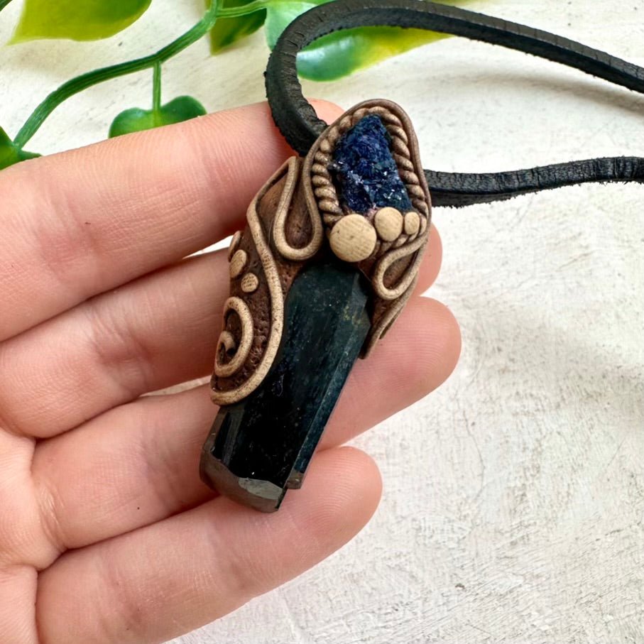 Vivianite and Azurite Necklace, Unisex Handmade Pendant - FairyGardenGlow