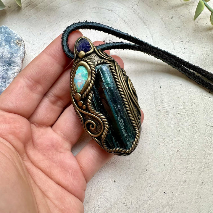 One of a kind vivianite and opal gemstone necklace