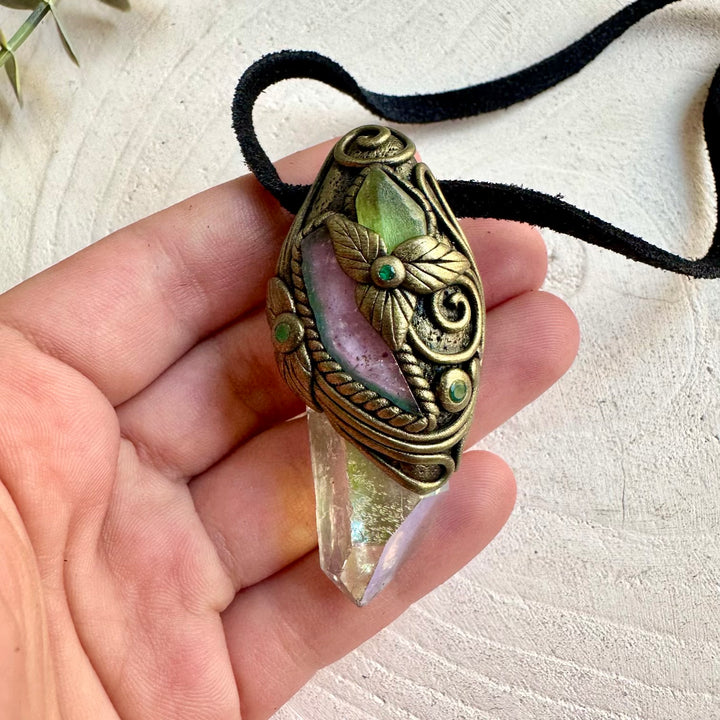 Handmade crystal jewelry with Watermelon Tourmaline, Emerald and glowing Angel Aura Quartz.