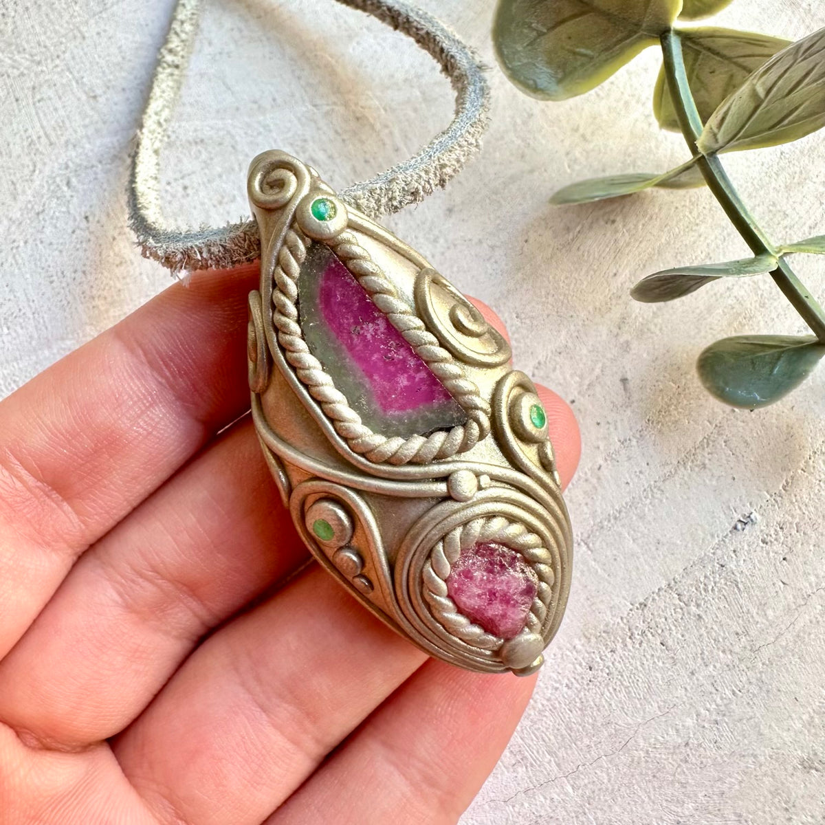 One of a kind gemstone necklace with colorful Watermelon Tourmaline, Raw Spinel and natural Emerald.