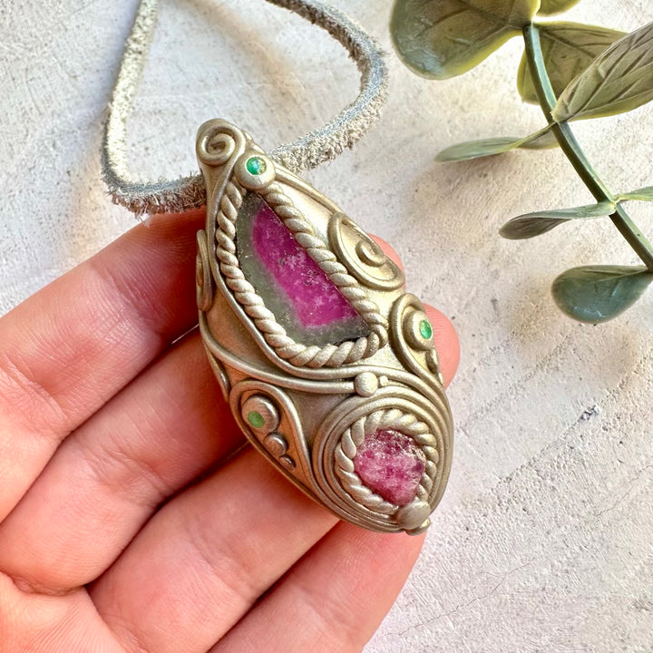 One of a kind gemstone necklace with colorful Watermelon Tourmaline, Raw Spinel and natural Emerald.