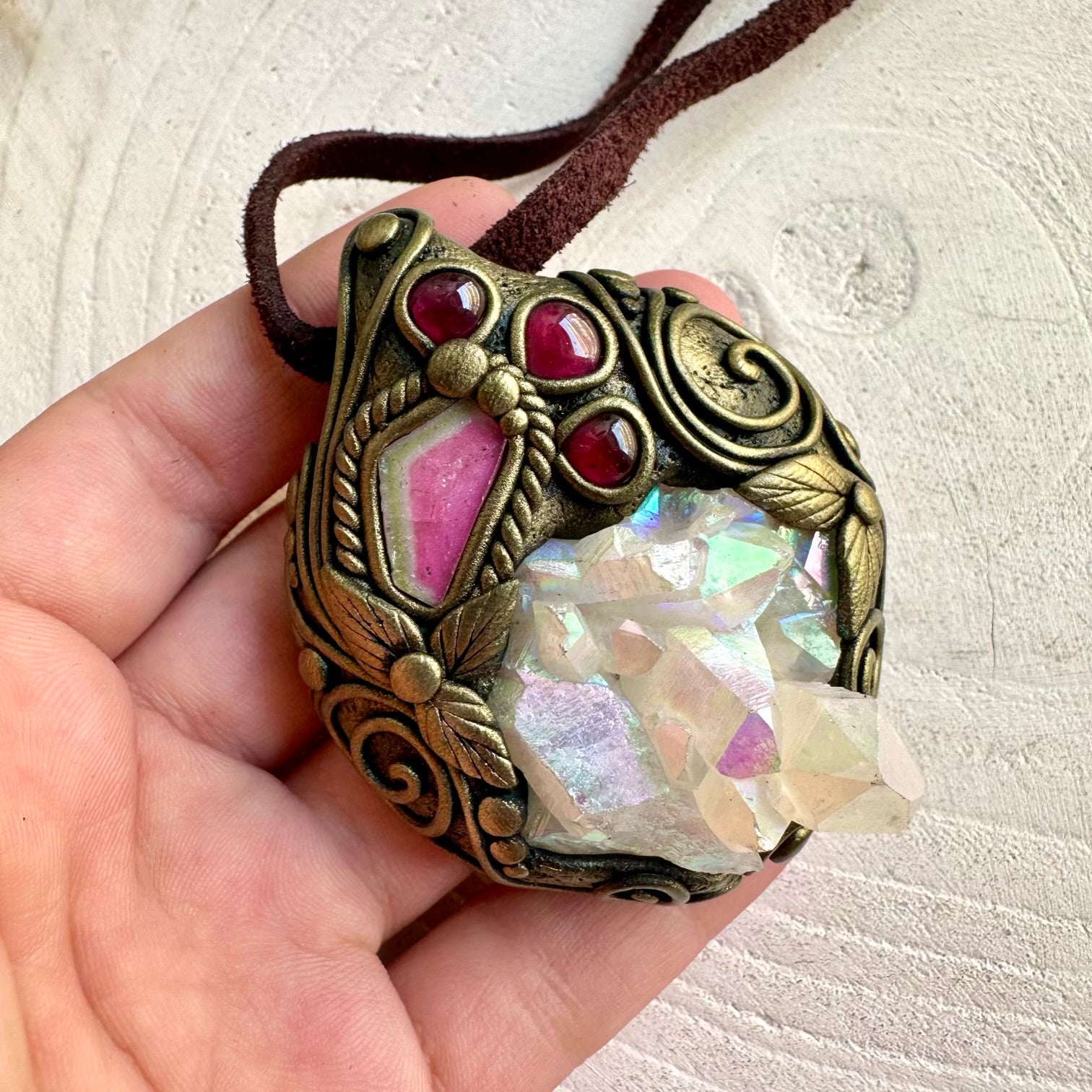 Handmade healing crystal pendant featuring an Angel Aura Quartz Cluster and genuine natural gemstones.