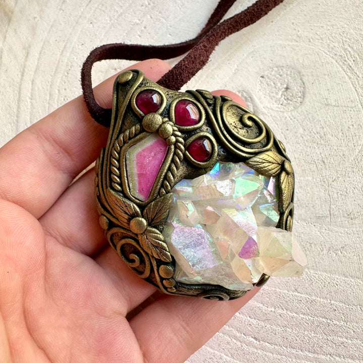 Handmade healing crystal pendant featuring an Angel Aura Quartz Cluster and genuine natural gemstones.