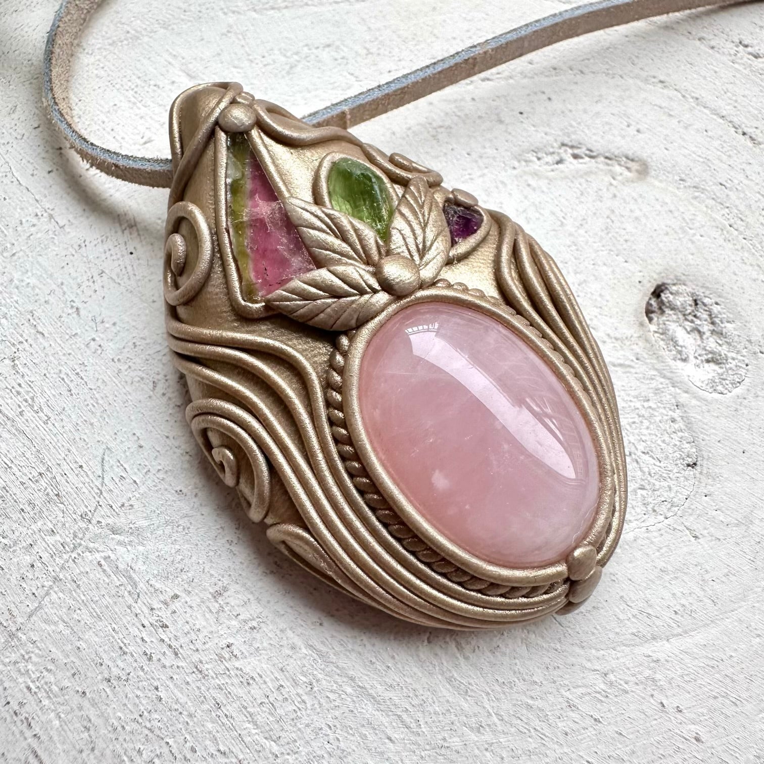 Energy pendant with watermelon tourmaline and rhodolite garnet