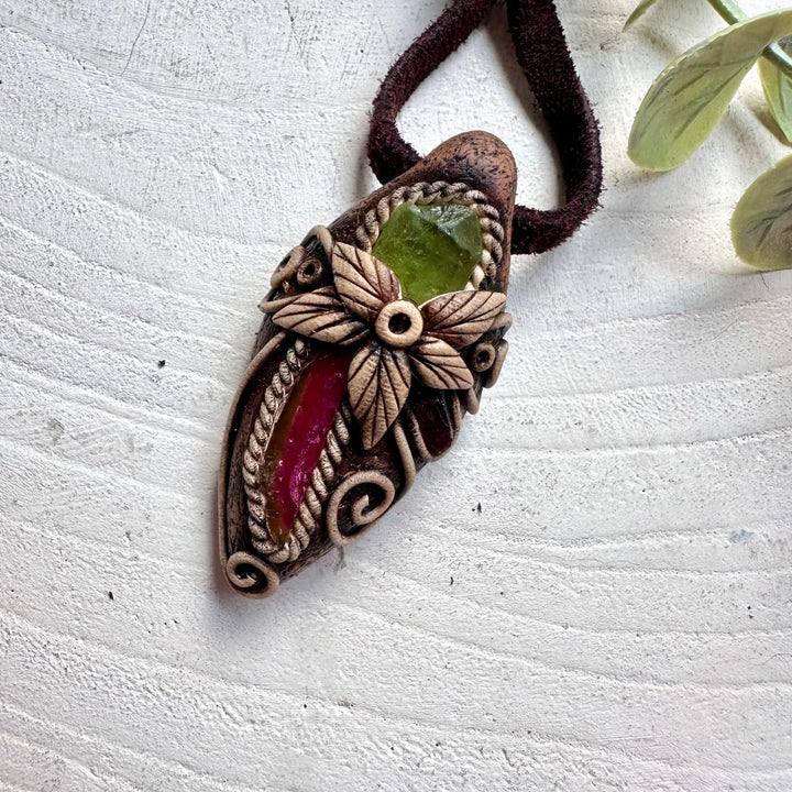 Handmade healing crystal necklace with Watermelon Tourmaline, Peridot and Rhodolite Garnet.