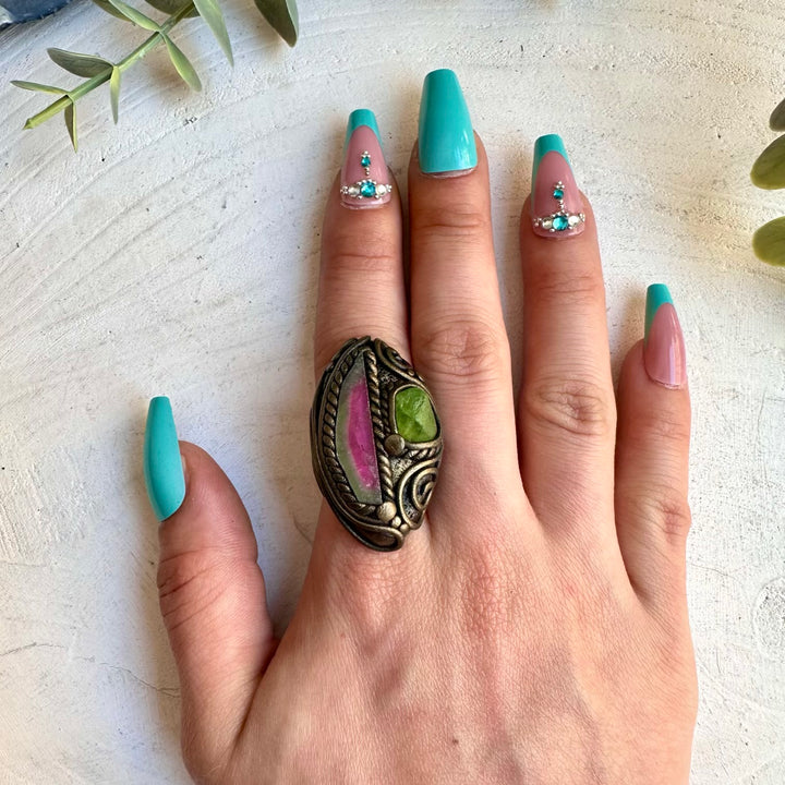Healing crystal ring with peridot and watermelon tourmaline