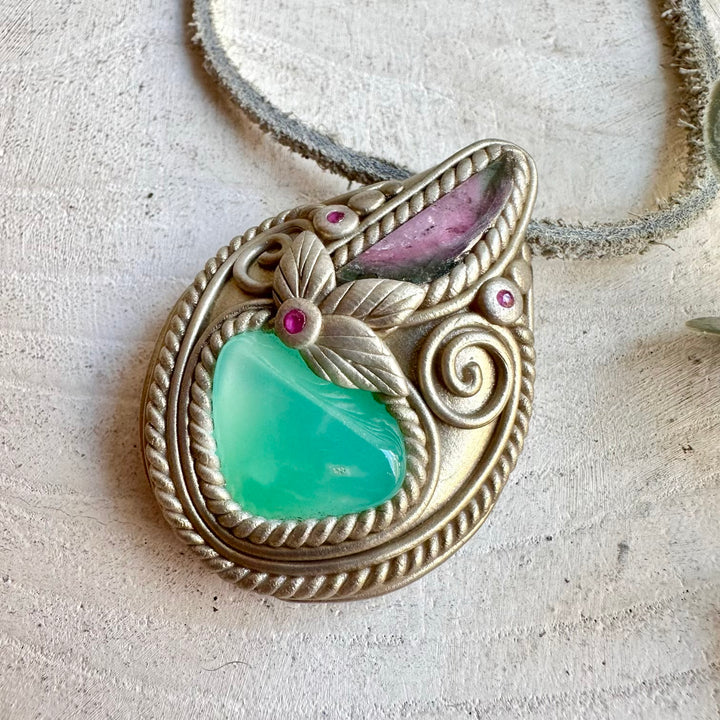 Handmade healing jewelry showcasing Chrysoprase, Watermelon Tourmaline and Ruby Crystals.