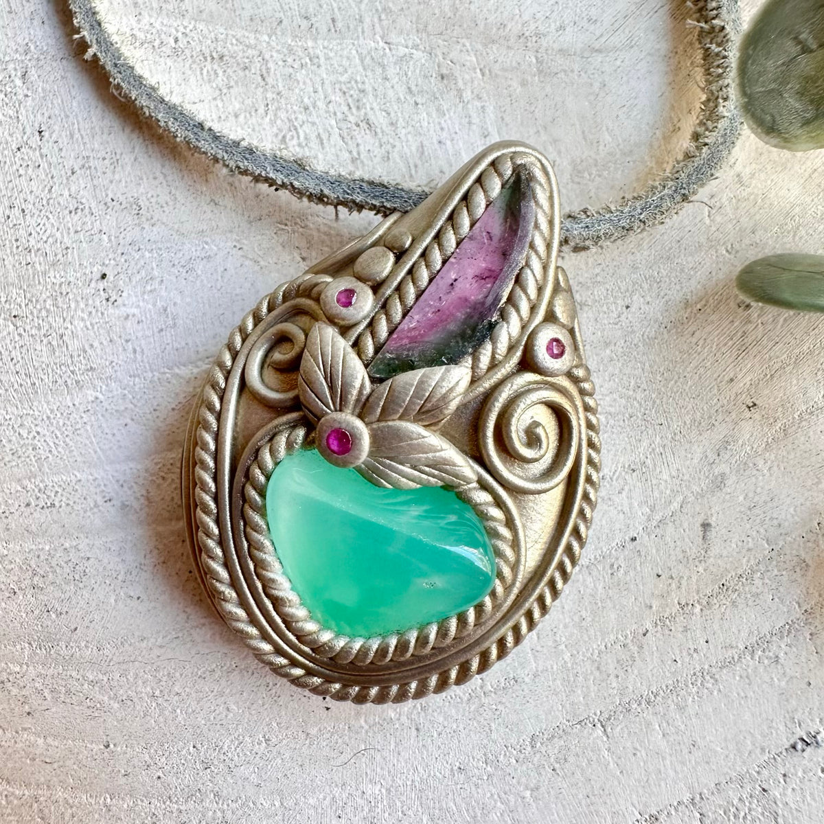Unique spiritual necklace combining green Chrysoprase with vibrant Watermelon Tourmaline and natural Ruby.