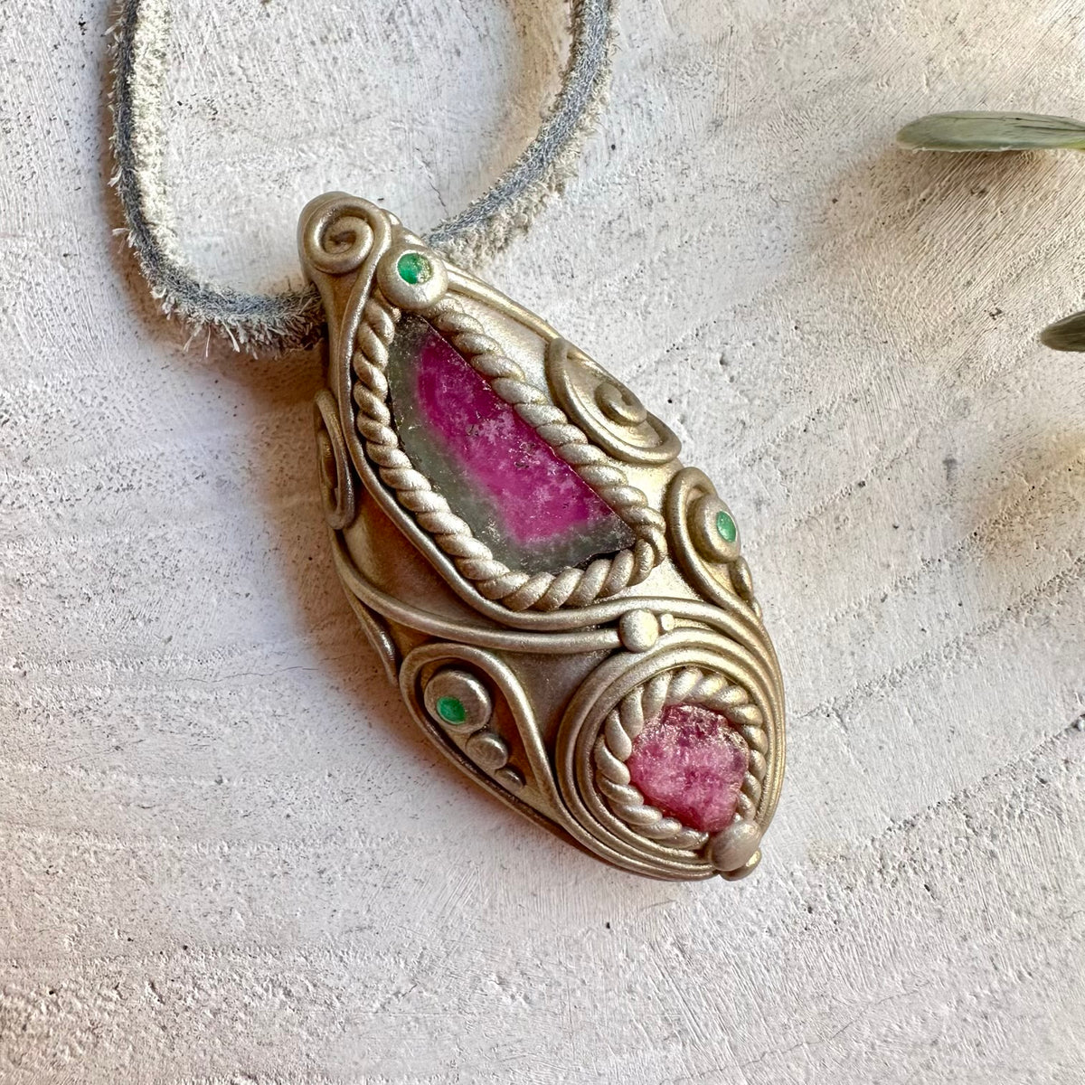 Natural gemstone jewelry handcrafted with Watermelon Tourmaline, Raw Spinel and Emerald.