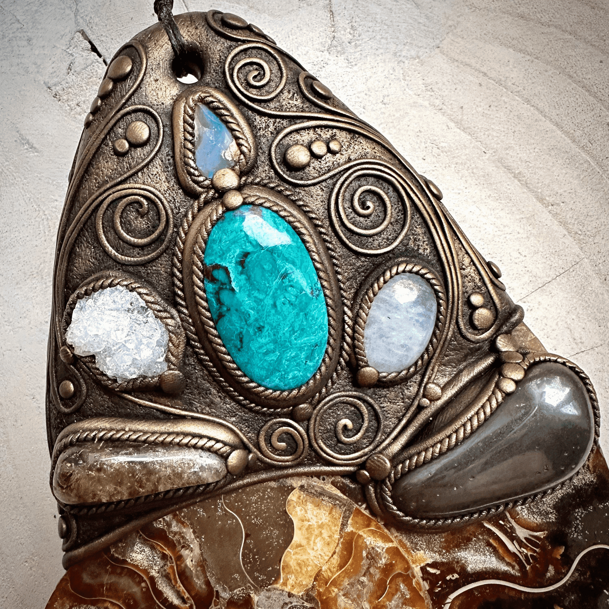 XL Ammonite Wall Hanging, Chrysocolla Apophyllite Moonstone Hematite Citrine Raw Australian Opal Wall Hanging, Unique Crystal Home Decor - FairyGardenGlow