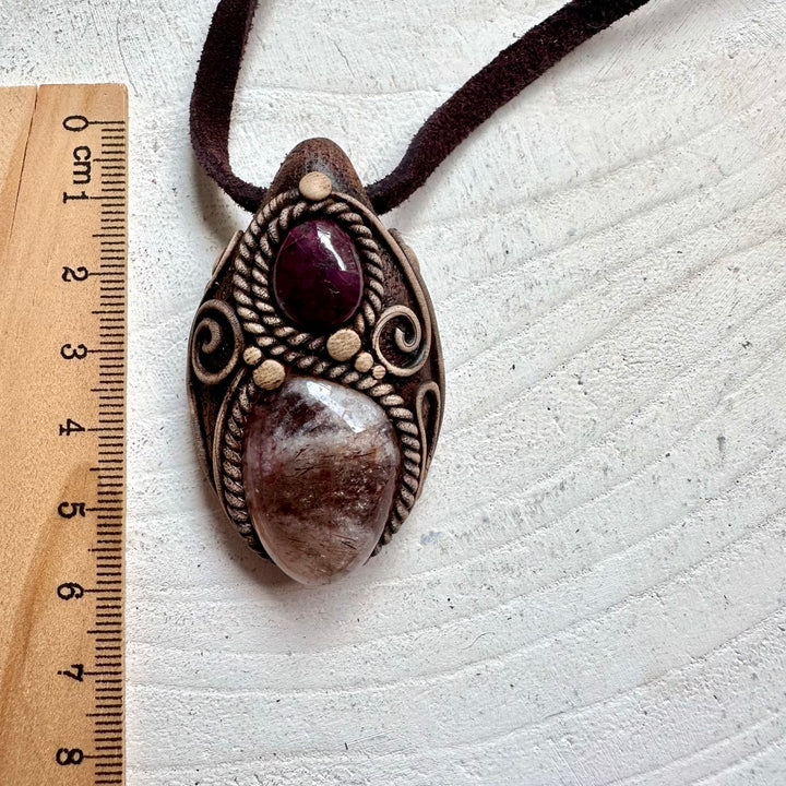 handmade clay gemstone jewelry with Hematite Quartz and Ruby crystal
