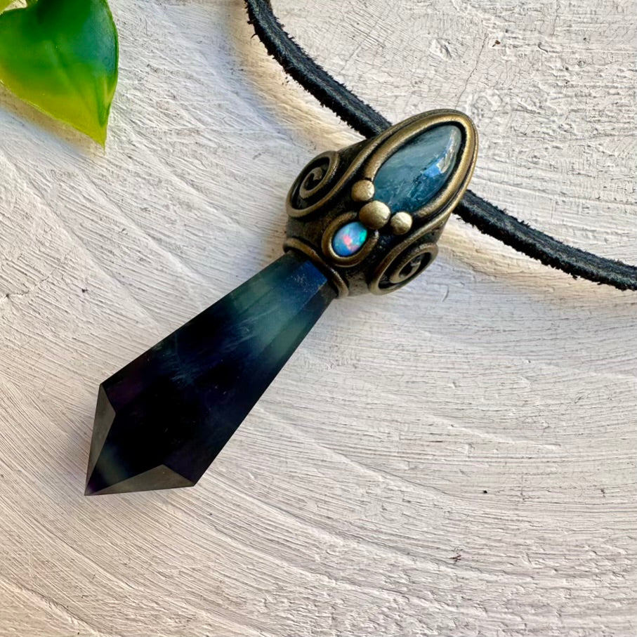 handmade crystal pendant necklace with fluorite, opal and aquamarine