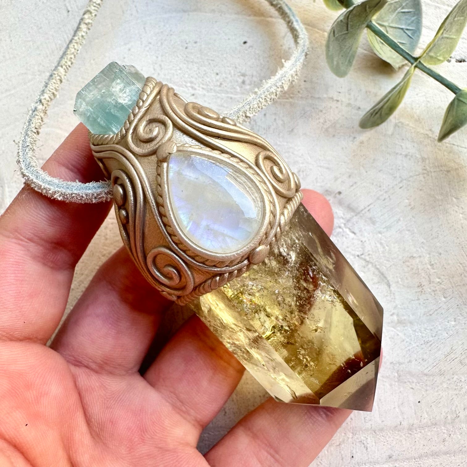 Metaphysical boho jewelry citrine aquamarine rainbow moonstone wand necklace