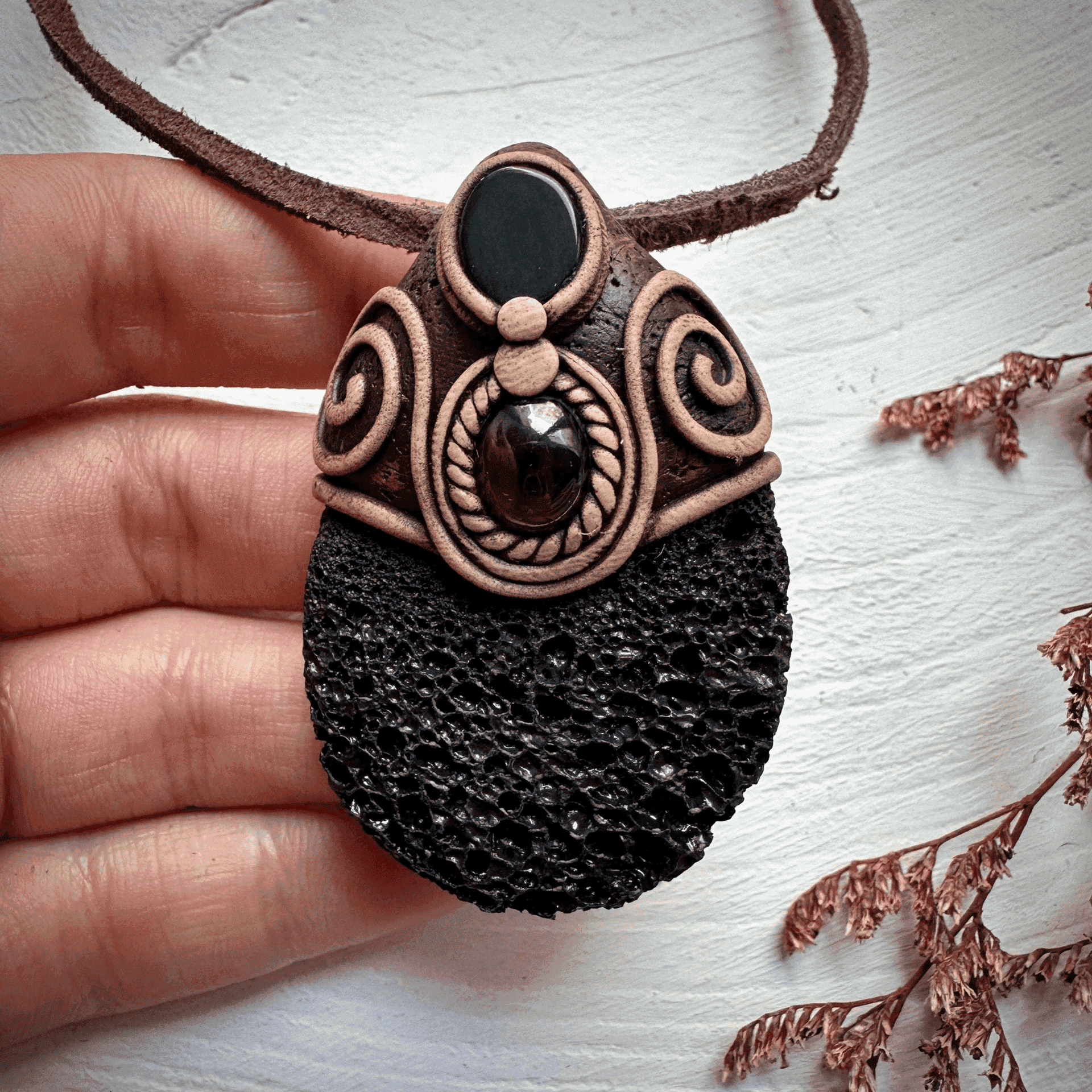 Lava Stone Black Onyx and Red Garnet Pendant Necklace - FairyGardenGlow