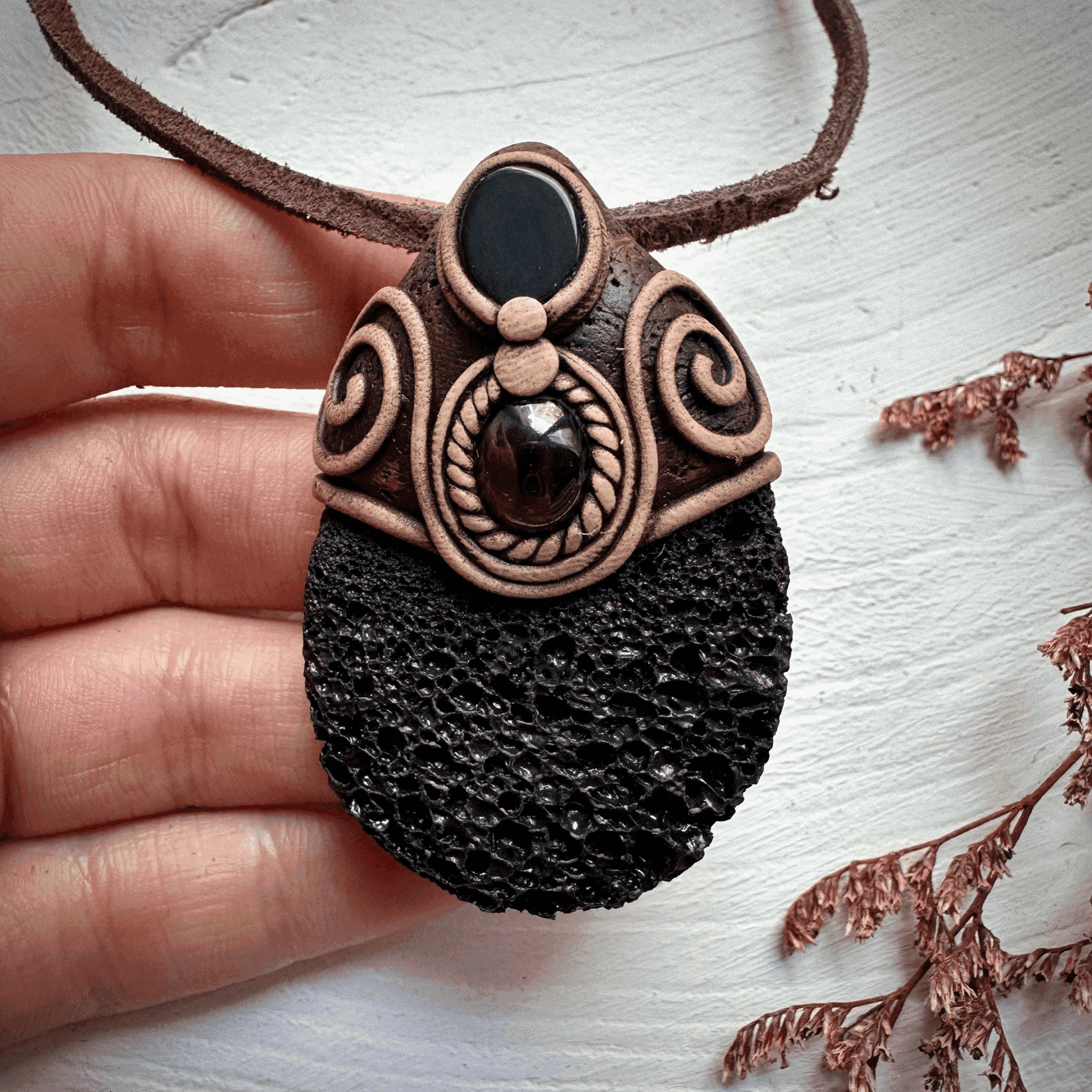 Lava Stone Black Onyx and Red Garnet Pendant Necklace - FairyGardenGlow