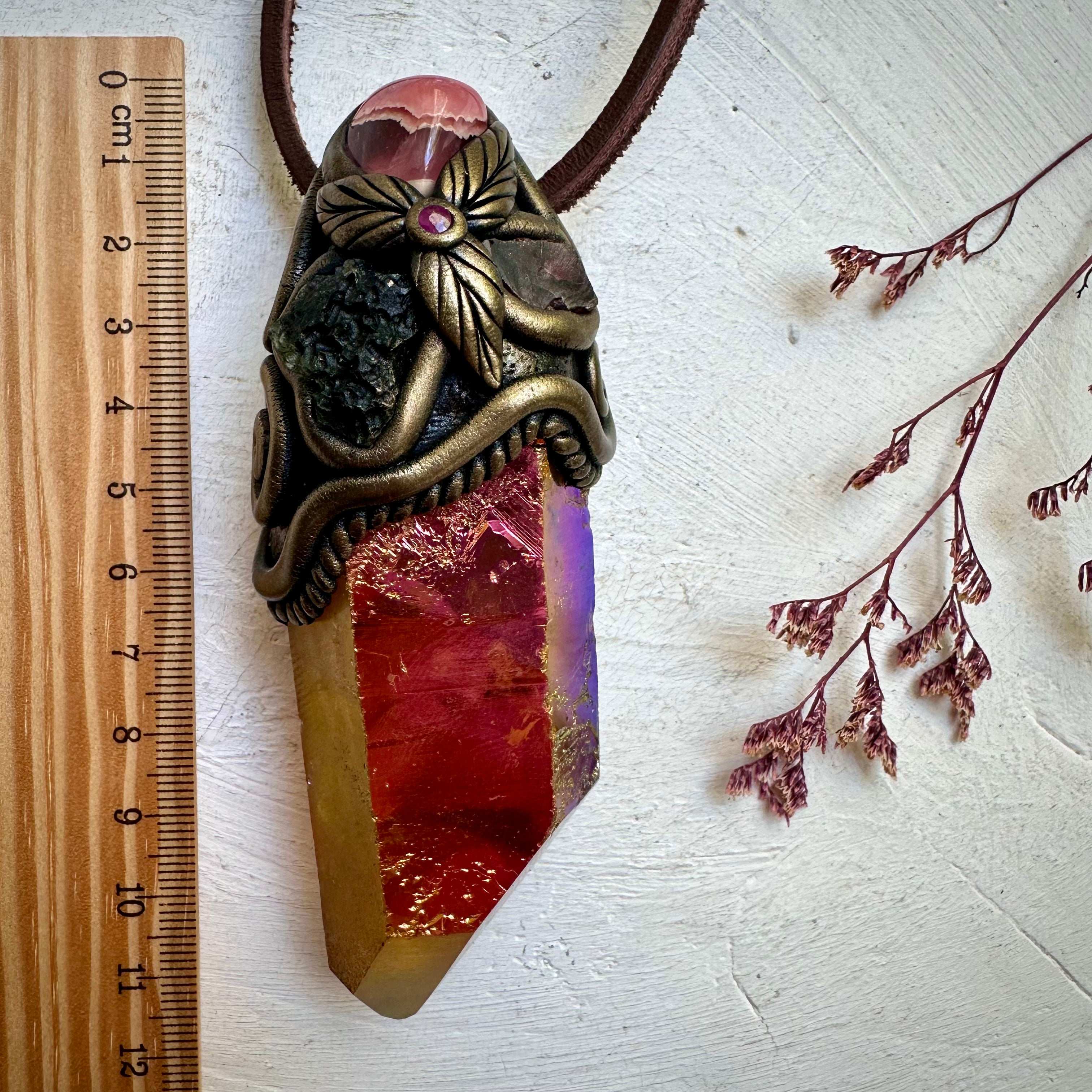 Sunset Aura Quartz Moldavite Rhodochrosite Red Garnet and Ruby Wand/Pendant - FairyGardenGlow