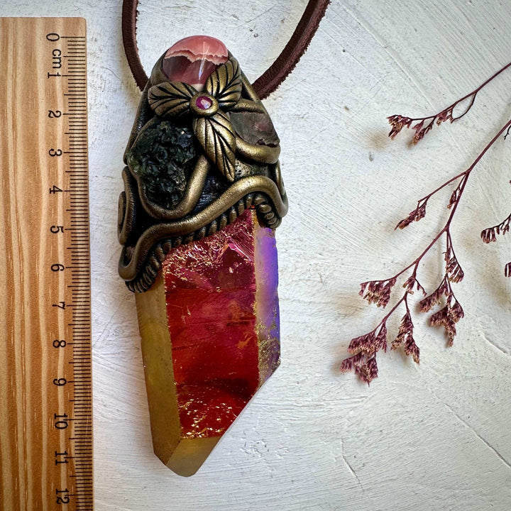 Sunset Aura Quartz Moldavite Rhodochrosite Red Garnet and Ruby Wand/Pendant - FairyGardenGlow