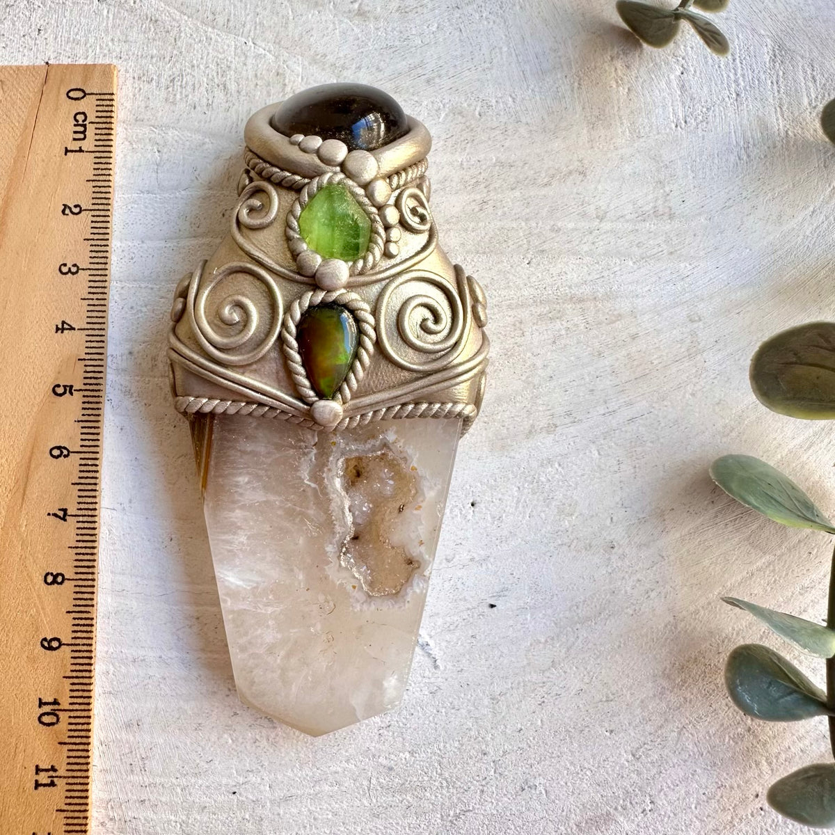 Spiritual crystal wand handcrafted with Agate, Smoky Quartz, Peridot and Black Ethiopian Opal.