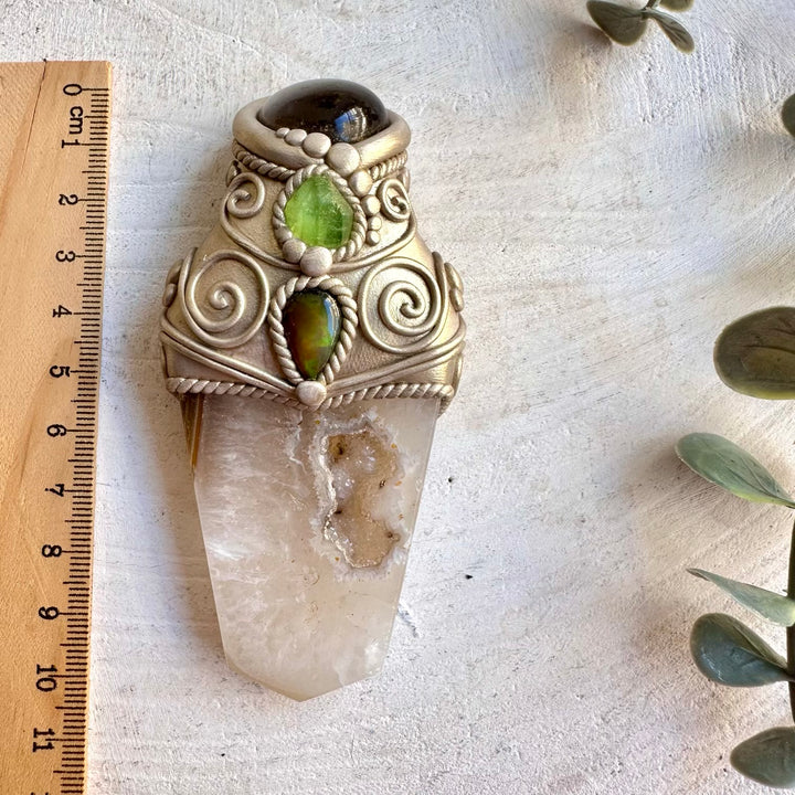 Spiritual crystal wand handcrafted with Agate, Smoky Quartz, Peridot and Black Ethiopian Opal.