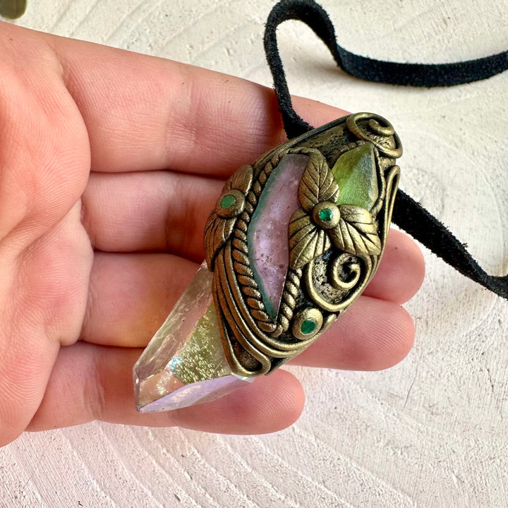 One of a kind crystal necklace featuring shimmering Angel Aura Quartz and colorful Watermelon Tourmaline.